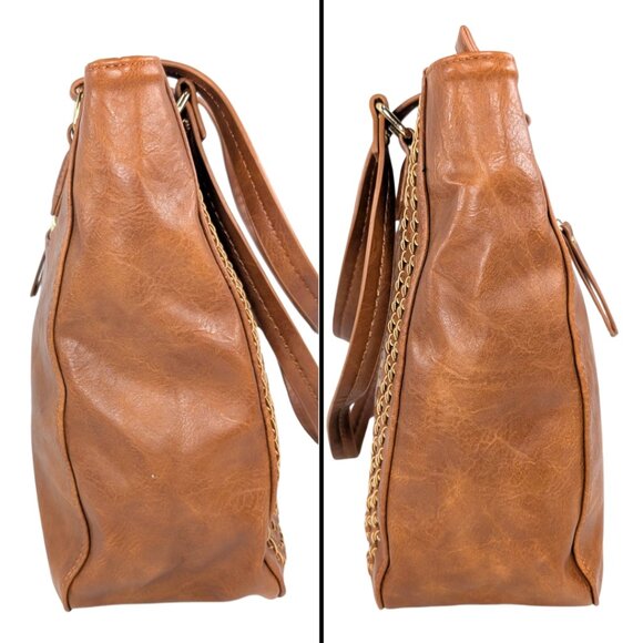 Madison West Brown Leather Double Woven Whipstitch Large Boho Western Tote - Picture 4 of 9